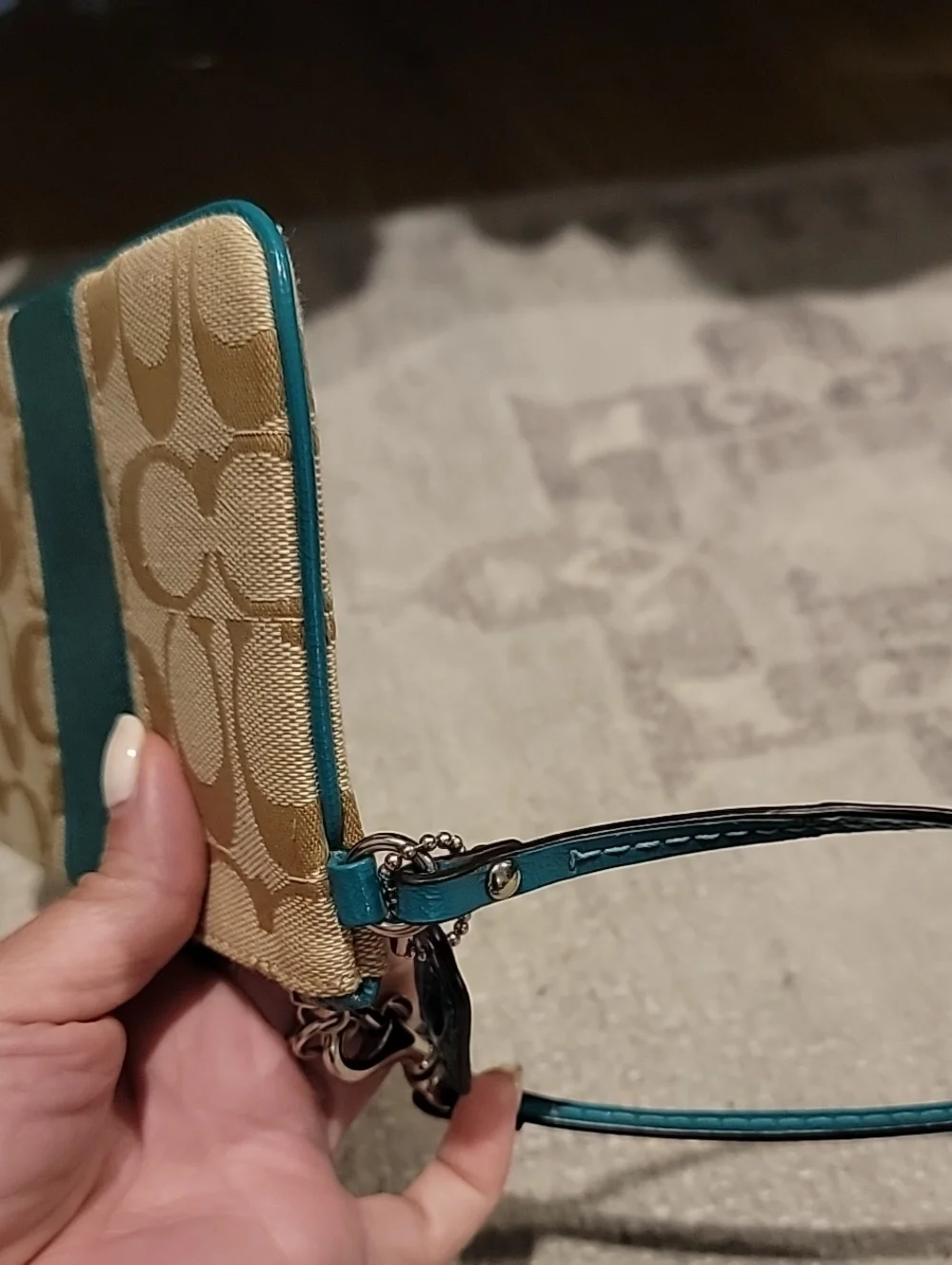 Coach Tan Signature Canvas Wristlet with Jade Green Stripe And Leather Trim